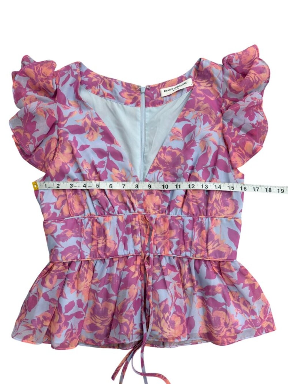 Amanda Uprichard Womens Size M Peplum Top Ruffle-Sleeve Floral Pink Blue Summer - Picture 5 of 7